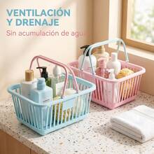 Set de 3 cestas con orificios de drenaje, canasta plástica portátil para ducha – ideal para baño, escritorio y tocador, diseño cuadrado resistente, ahorra espacio, esencial para tu hogar. - Celeste - Ver 4