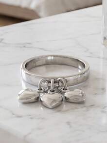 1Pc Minimalist Unique Silver Heart Pendant Ring For Women Suitable For Daily Wear Party And Dating Perfect Jewelry Gift For Birthday. - Silver - View 2