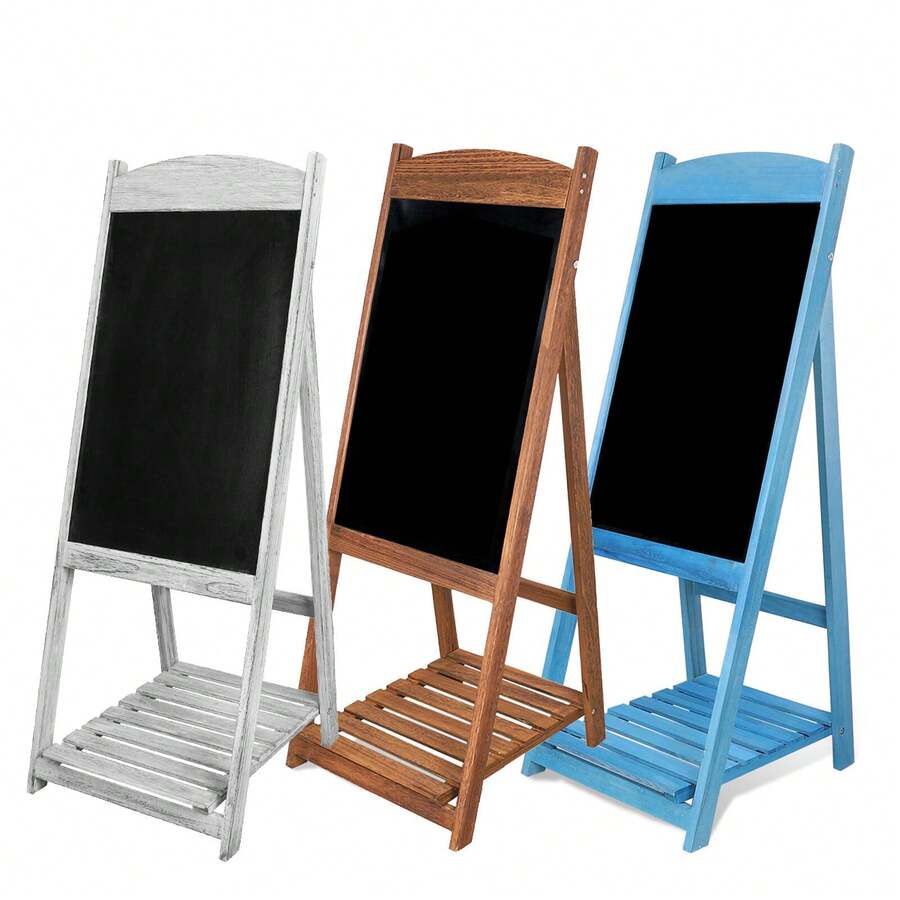 UNHO XL Vintage Wooden Chalkboard Message Board A Frame Pavement Sign With Shelf Coffee Bar Shop Party Wedding Display - Blue - View 1