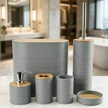 Striped Bamboo Bathroom Cover Plastic Six Pieces Set Manufacturer Hot Selling Bathroom Storage Rack Toothbrush Holder Cover - View 12