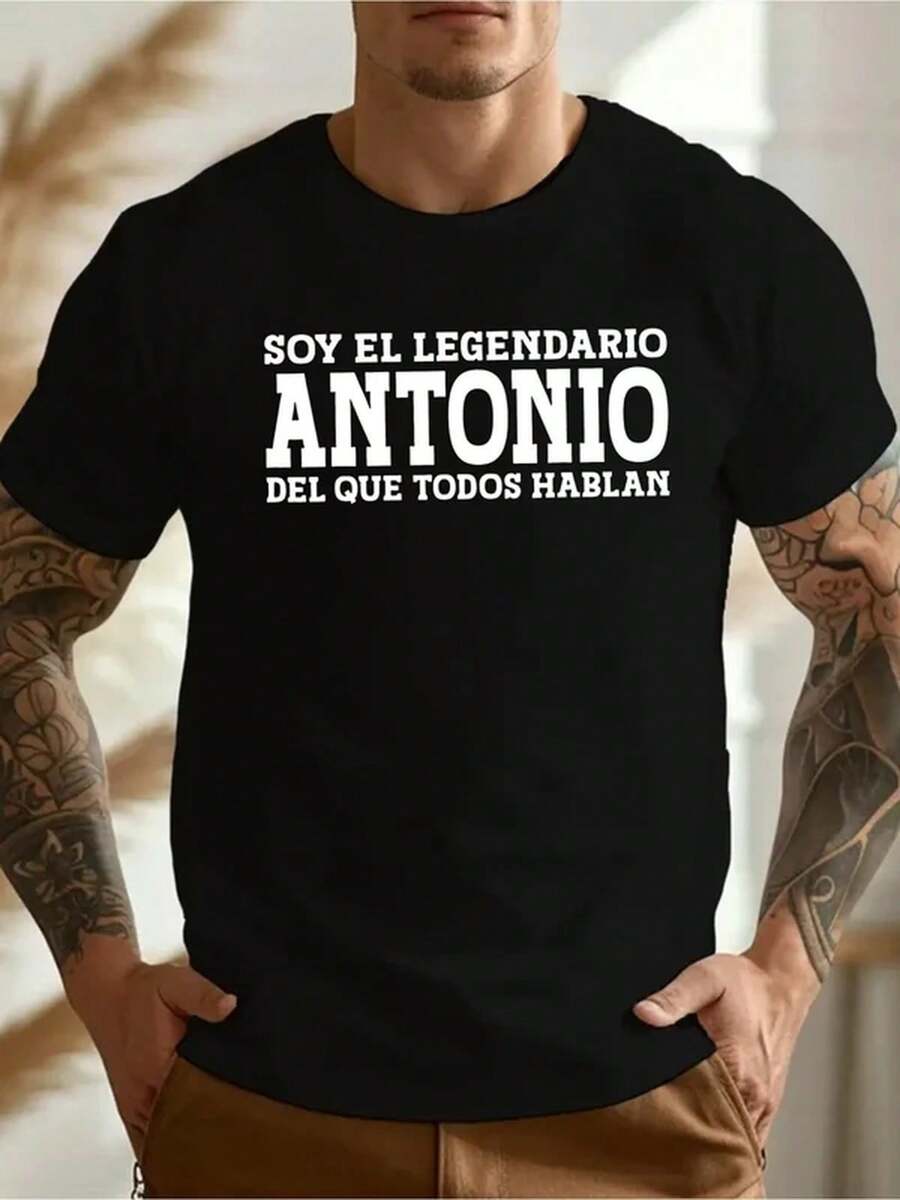 T-shirt da uomo - Grigio chiaro con scritta Antonio accattivante e stampa geometrica, tessuto stropicciato morbido, maniche corte, girocollo, top casual estivo. - nero - Visualizzare 1