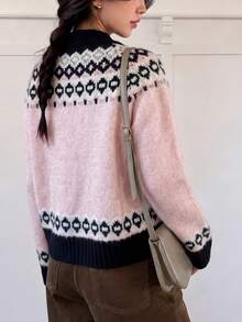 Women's Autumn/Winter Casual Cute Slouchy Retro Pattern Lapel Zipper Knit Cardigan Sweater Jacket Pink - Pink - View 2