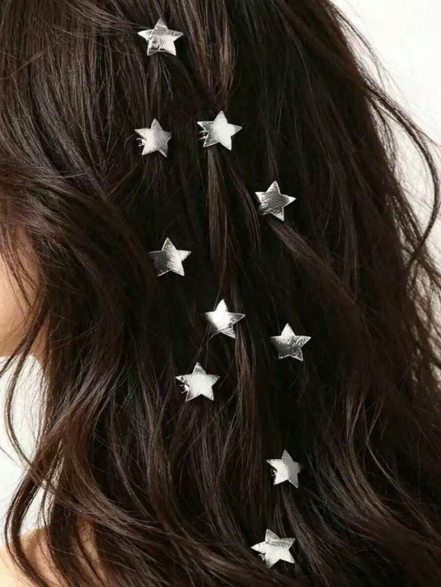 10pcs Star-Shaped Hair Clips, Gold Metal Wire Hair Accessories, Personalized Fashion Hair Clips, Summer Beach Hair Accessories - Silver - View 1