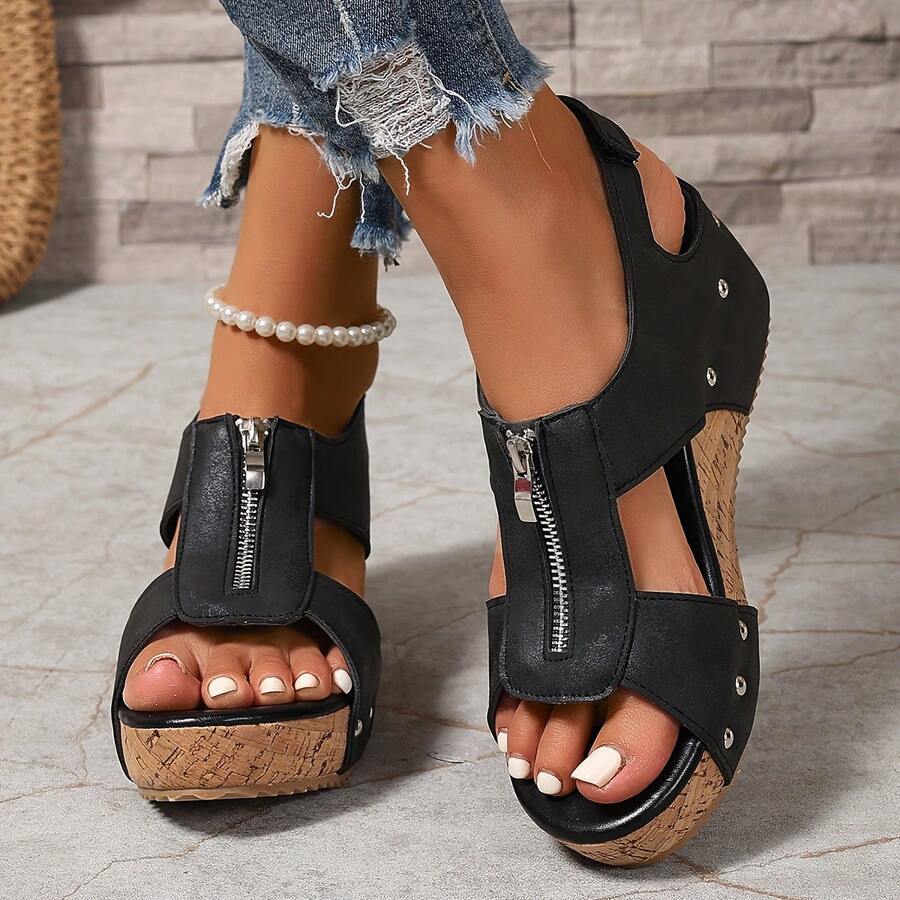 Popular Summer Outerwear, Daily Wear, Vacation Style, Street Fashion Heightening, Comfortable Slip-On, Versatile Casual Thick-Soled Women's Slippers - K77黑色 - 查看 1