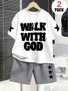 2pcs/Set Boys Outfit, Loose Top With "WALK WITH GOD" And Star Pattern + Sports Shorts, Comfortable And Soft, Suitable For Summer And Sports - Multicolor - View 1
