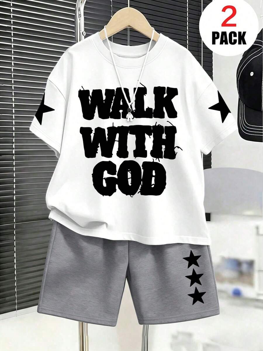 2pcs/Set Boys Outfit, Loose Top With "WALK WITH GOD" And Star Pattern + Sports Shorts, Comfortable And Soft, Suitable For Summer And Sports - Multicolor - View 1