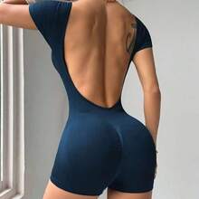 Mono Deportivo de Manga Larga para Mujer, Sin Costuras, para Yoga, Fitness, Ejercicio, Conjunto Corto sin Espalda, Ropa Deportiva para Gimnasio - azul real - Ver 3