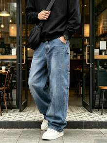 Whitmere Men's Street Style Washed Blue Practical Multi-Pocket Cargo Denim Jeans - Navy Blue - View 4