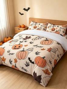 Juego de 3 piezas de funda nórdica de Halloween Blissful, tema de Halloween, juego de ropa de cama cómodo, impresión digital de alta definición, patrón de hoja de arce, postre y calabaza, 1 pieza de funda nórdica con cuatro esquinas y cremallera desmontable + 2 piezas de fundas de almohada con bolsillos, sin relleno, adecuado para dormitorio, residencia estudiantil (ropa de cama para dormitorios de niños y niñas) o viajes - Multicolor - Ver 8