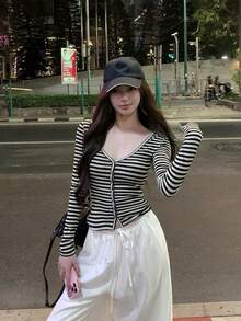 Minimalist Commute Lyocell V-Neck Striped Slim Fit Women's Top Black - Black - View 8