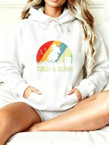 Women's Hooded Sweatshirt,Retro Style,Printed With The Silhouette Of A Horseman And"Turn And Burn"Text Pattern,Casual Wear,Suitable For Spring And Aut - 白色 - 查看 2
