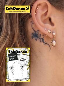 1 Kit "Ear Back Lily" New Technology Tattoo Sticker, Semi-Permanent, Flowers, Fine-Line, Floral, Minimalist, Vine, Temporary Tattoo, Fake Tattoo, Waterproof & Long-Lasting Realistic Design, Plant-Based Formula, InkDance, Ink Dance, Gift X089 - Black - View 7