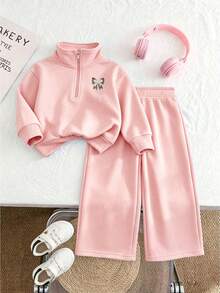 2pcs/Set Girls Embroidered Bow Print Half-Zip Sweatshirt & Pants Set, Autumn/Winter Fashion Comfortable Outfit - Pink - View 3