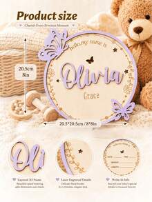 Customized Announcement Board - Wooden Purple Butterfly Birth Statistics Plaque, Hospital Customized Name Plate, Custom Design, Customizable, Personalized, Decoration - Style a - View 2