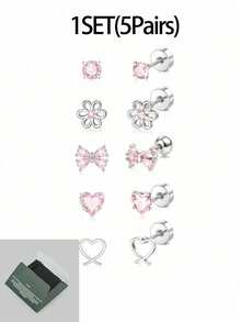 5 Pairs Women's Hypoallergenic Earrings, Cute Screw Back Earrings, Surgical Steel Cute Pink Butterfly Heart Flower CZ Flat Back Studs - 5 Pairs Of Pink Stud Earrings + Butterfly Stud Earrings - View 14