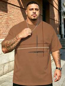 Plus Size Men's BIG&TALL Series Black Base Brown & White Geometric Patchwork Decor Short Sleeve T-Shirt, Niche Minimalist Streetwear Loose Summer - Camel - View 1