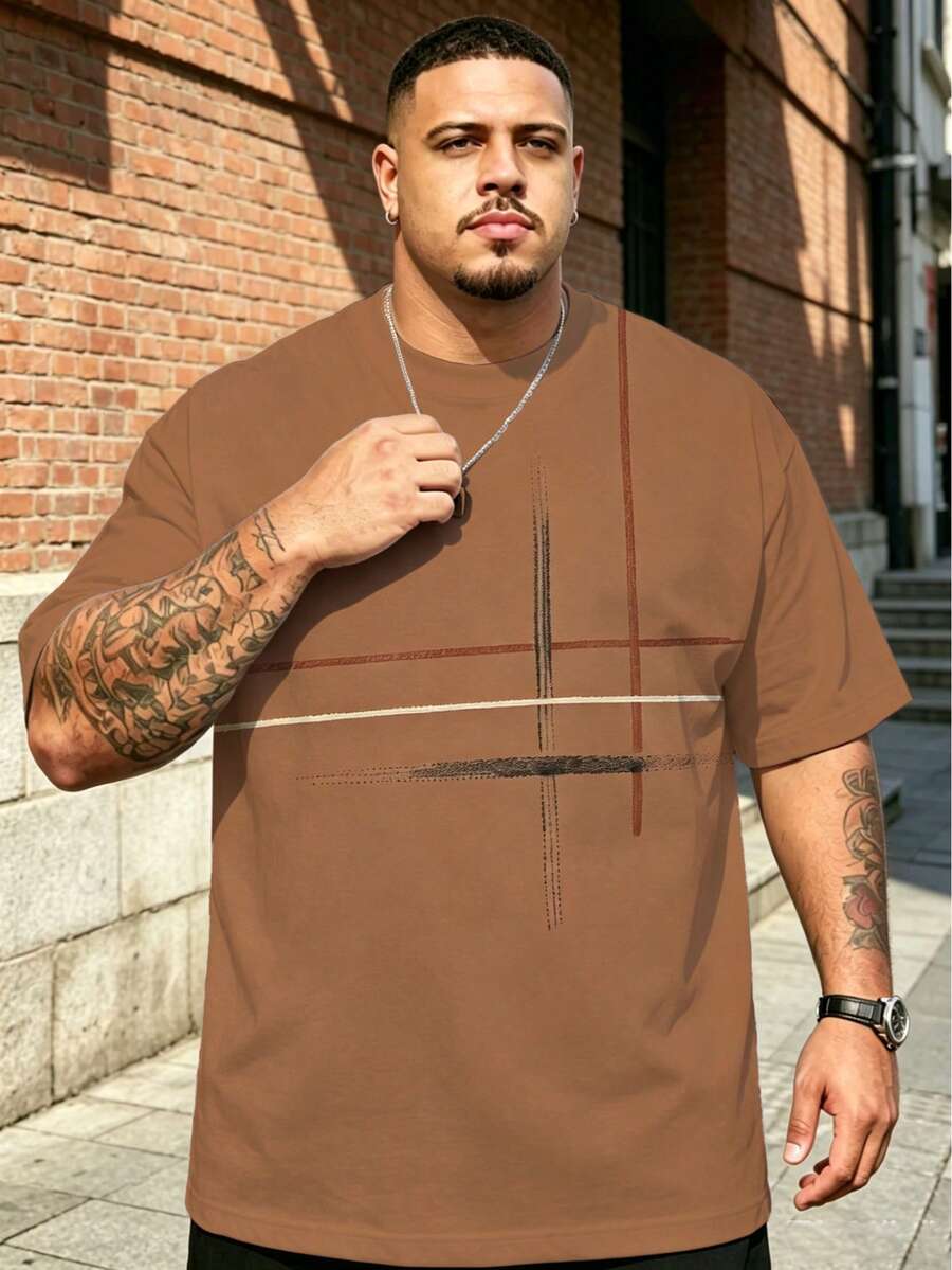 Plus Size Men's BIG&TALL Series Black Base Brown & White Geometric Patchwork Decor Short Sleeve T-Shirt, Niche Minimalist Streetwear Loose Summer - Camel - View 1