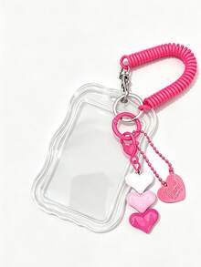 Transparent Wavy Card Holder With Portable Spring Rope Design, Heart Pendant Design, Durable Fashion Accessory, Suitable For Women, Cute And Practical Plastic Keychain, Campus Essential, Fashion Keychain, Cute Heart Pendant, Suitable For ID Cards, Credit Cards, Bus Cards And Keys - Multicolor - View 12