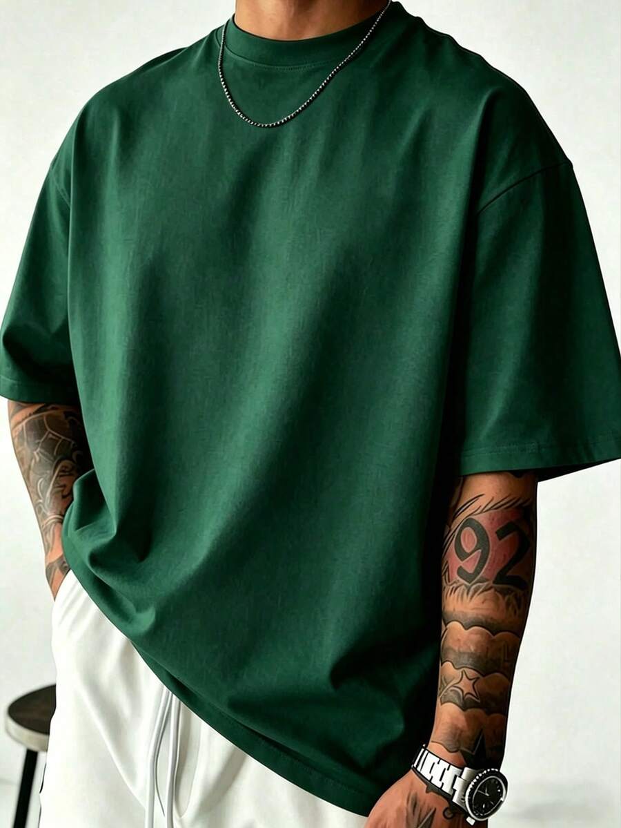 Men's Casual Plus Size Solid Color Short Sleeve T-Shirt, Basic Style, Size Recommendation Details In Main Image, Please Check Size Before Ordering To Avoid Fit Issues!!! - Green - View 1