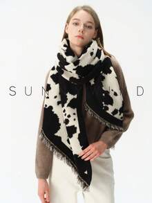 1pc Women's Cow Print Fashion Soft Warm Polyester Faux Mink Fur Scarf, Suitable For Autumn/Winter Daily Wear And Halloween - Black and White - View 6