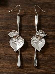 1 Pair French Minimalist Alloy Ginkgo Leaf Long Earrings, Textured Vein Design, Versatile Daily Wear - Silver - View 2