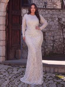 Elegant Plus Size Sequin Mermaid Gown For Women, Long Sleeve Round Neck Beaded Formal Evening Party Dress - Apricot - View 1