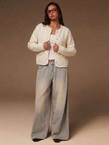 Soft Knit Round Neck Button Front Cardigan With Patch Pockets, Long Sleeves, Medium Stretch, White Elegant Fall Winter Layering Sweater - White - View 3