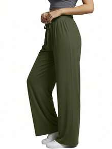 Comfortable Women's Wide-Leg Sweatpants, Soft, Structured Fit, Casual, Basic, Plain, With A Faux Drawstring. - Army Green - View 4