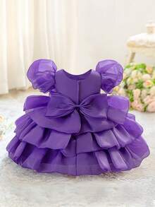 Baby Girls Puff Sleeve Floral Organza Cute First Birthday Dress, Suitable For Flower Girl Wedding, Headband Not Included - Purple - View 5