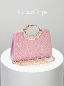 Women's Elegant/Solid Color Pearl Pattern Design Evening Clutch Bag, Evening Bag, Romantic Wedding Handbag, Charming/Exquisite Evening Dress Bag, Shiny White Box Clutch, Comes With Chain, Perfect Choice As A Holiday Gift. Comes With Metal Chain. - Pink - View 8
