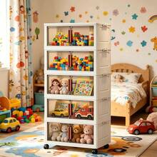 Armário Organizador Multiuso Dobrável 5 Andares Largura 48cm Cor Branco Creme, Portas Semitransparentes Fumê, Travas Laterais Empilháveis, Rodinhas Giratórias 360° com Sistema de Trava, Armazenamento à Prova de Poeira, Ideal para Roupas, Cosméticos, Brinquedos, Utensílios Domésticos, Livros,Quarto,  Cozinha e Sala - Visão 5