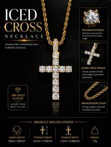 Men's Minimalist Single-Row Large Round Rhinestone Cross Pendant Necklace, Gold & Silver Dual-Tone Electroplated Zirconia Neck Chain, European & American Hip Hop Religious Faith Accessory, Boyfriend Gift - Cross - View 5
