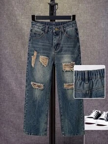 Tween Boy Casual Distressed Wide Leg Denim Jeans With Slanted Pockets - Medium Wash - View 10