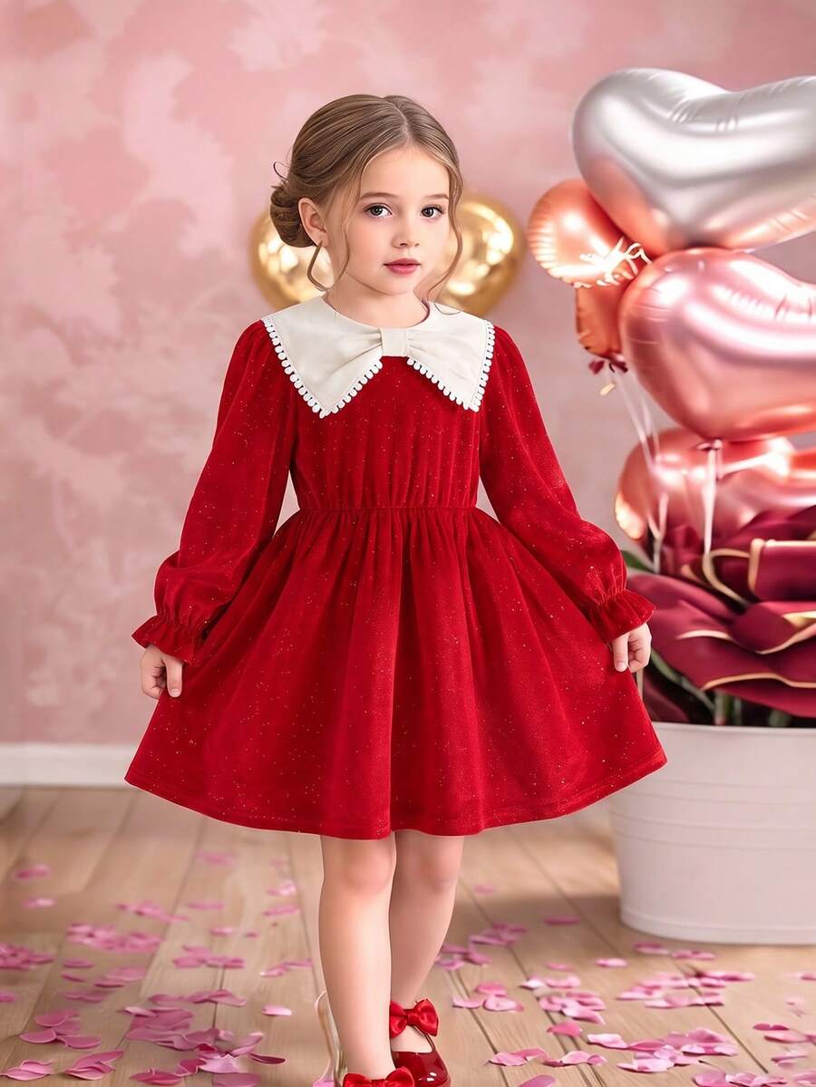Girls' Casual Fashion Umbrella Hem Large Collar Long Sleeve Knee-Length Dress, Spring/Autumn - Red - View 1