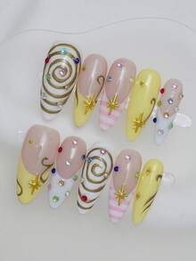 10pcs Handmade Oval False Nails, DIY Wearable Nails, Acrylic Long Nails, Pink Plaid Yellow French Tip, Spiral Nail Art, Rhinestone Decor, 3D Star, Suitable For Summer, DIY, Party, Vacation, Date, Women Girls Gift, Nail Art Supplies - Multicolor - View 3