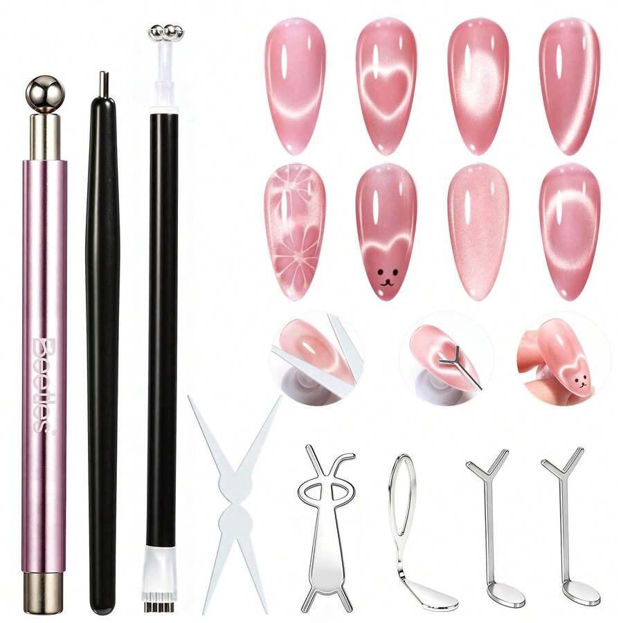 Beetles 9PCS Cat Eye Magnet Set For Nails, Magnetic Nail Art Tool Kit For Heart, French, Stripe, Glass Bead, Side Light & Wide Light Cat Eye Effects - 9PCS Cat Eye Nail Art Tool Kit - 查看 1