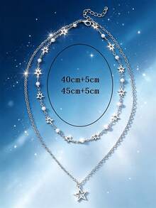 1/3pcs Silver Metal Handmade Chain Star Moon Pendant Multi-Layer Necklace - Silver - View 11