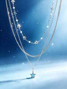 1/3pcs Silver Metal Handmade Chain Star Moon Pendant Multi-Layer Necklace - Silver - View 2