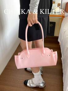 CHAIKA & KILTER 1pc Solid Color PVC Fabric Women's Fashion Shoulder Bowling Bag Jelly Bag With Dual Handle Design And Zipper Closure, Suitable For Daily And Street Use - Pink - View 6