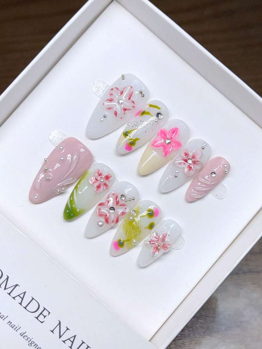 Handmade Wearable Press-On Nails, Almond Shape, Hand-Painted Personalized French Nail Art With 3D Carvings In Western Style, Y2K Style Nails, Unique Niche Creative Press-On Nails, Spring And Summer Daily Nail Art, Detachable And Reusable.