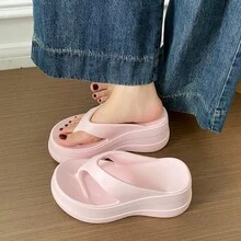 女款純色厚底夾腳拖鞋，增高度假風夏季卡其色沙灘戶外拖鞋 - 淺粉色 - 查看 4