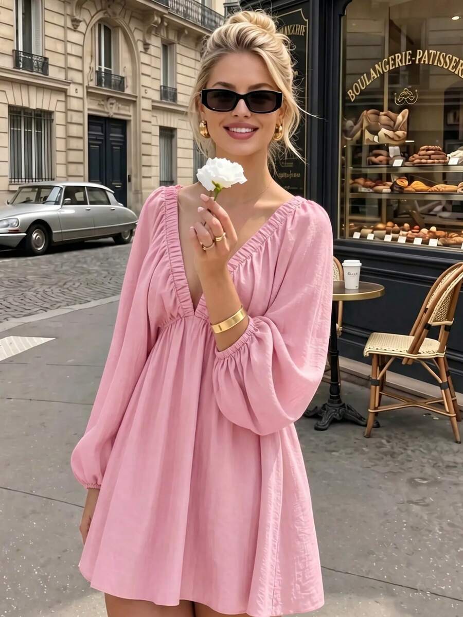 Vestido elegante de primavera para mujer con cuello en V profundo, mangas farol y espalda descubierta, de unicolor para vacaciones de verano - Rosa Pálido - Ver 1