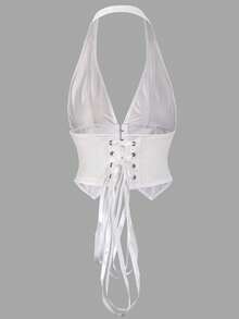 Yuwenier Vintage PU Tank Top, Deep V-Neck, Asymmetrical Hem, Perforated Eyelet Lace-Up Backless Halter Top White - White - View 3