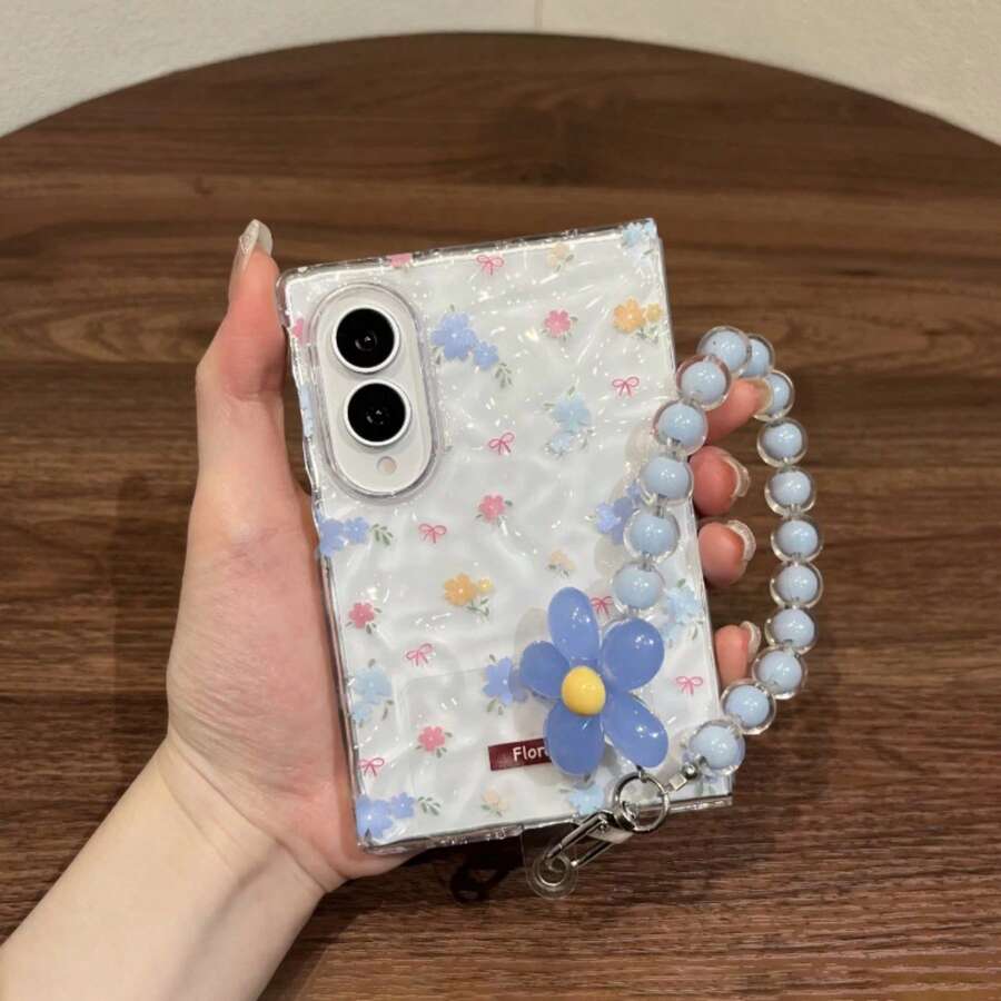 Korean Style Cute Blue & Pink Floral Pleated Transparent Phone Case With Flower Chain, Compatible With Samsung Galaxy Z Fold 8 Wide ZFold8 Back Cover