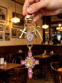 Christian Keychain With Pink Rhinestone Cross, Bow And Virgin Mary Decoration - Cross Keychain, Bag Charm, Cross Pendant, Wallet Backpack Accessory, Earphone Case Accessory, Luggage And Car Decor Keychain, Suitable As Birthday Gift, Back To School Gift, Teacher's Day Gift - Multicolor - View 3