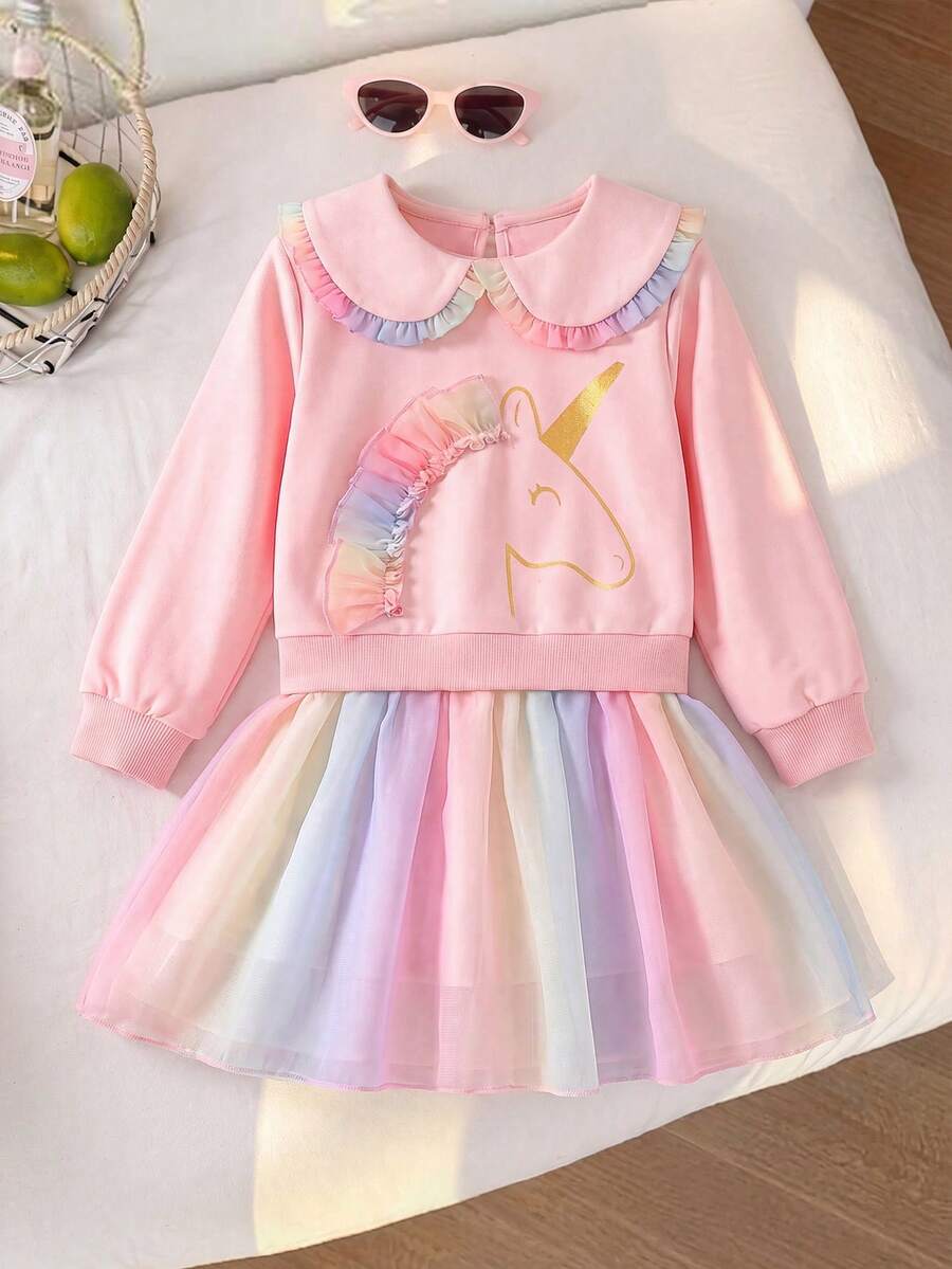 Girls' Fashionable Pony Print Turn-Down Collar Multicolor Mesh Dress - Pink - View 1