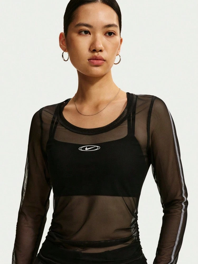 Nike Women's AS W NK STREET Sheer Long Sleeve Knit Collarless T-Shirt TIM8406-010 - Black - View 1