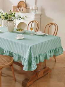 1PC French Vintage Plaid Tablecloth, Farmhouse Retro Style With Scalloped Edge, Skin-Friendly, Washable And Reusable, Suitable For Home Kitchen, Dinner, Outdoor Activities, Living Room, Dining Room, Party, Gathering, Daily Home Decor - Green - View 2