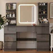 Devoko Modern Dressing Table With LED Mirror, 3 Light Colors And Dimmable Brightness, Vanity Table With 7 Drawers, Open Shelves And Optional Stool, Dressing Cabinet For Bedroom, White/Black/Pink/Vintage - Grey - View 1