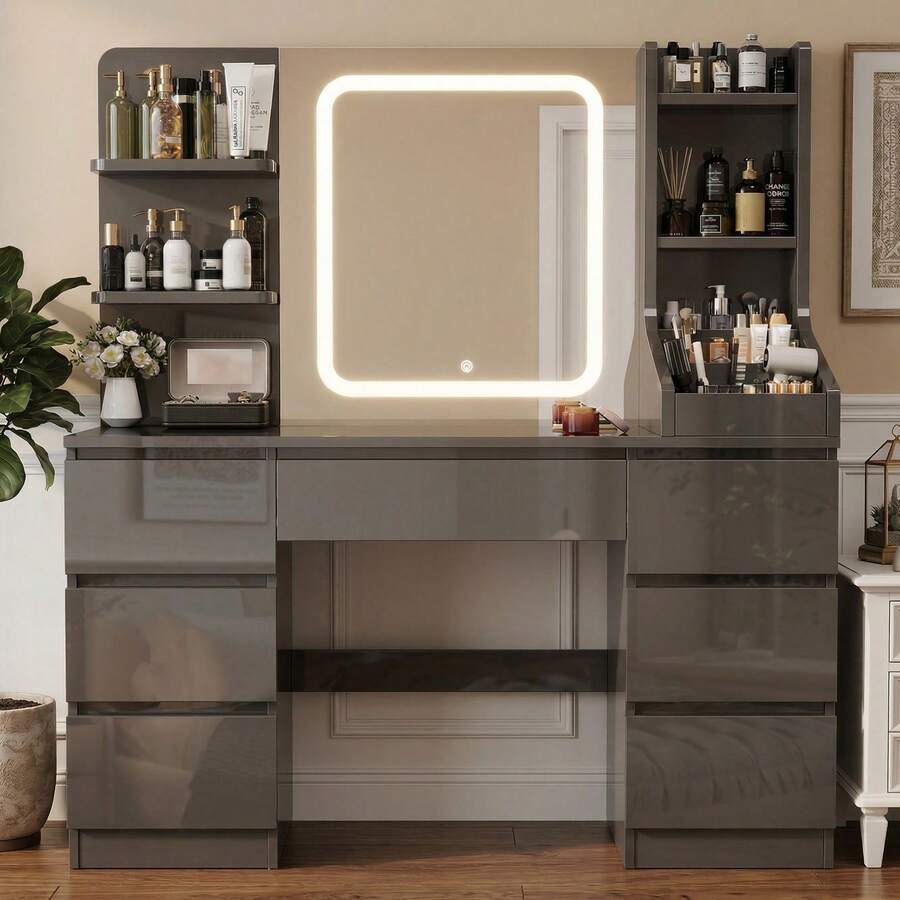 Devoko Modern Dressing Table With LED Mirror, 3 Light Colors And Dimmable Brightness, Vanity Table With 7 Drawers, Open Shelves And Optional Stool, Dressing Cabinet For Bedroom, White/Black/Pink/Vintage - Grey - View 1